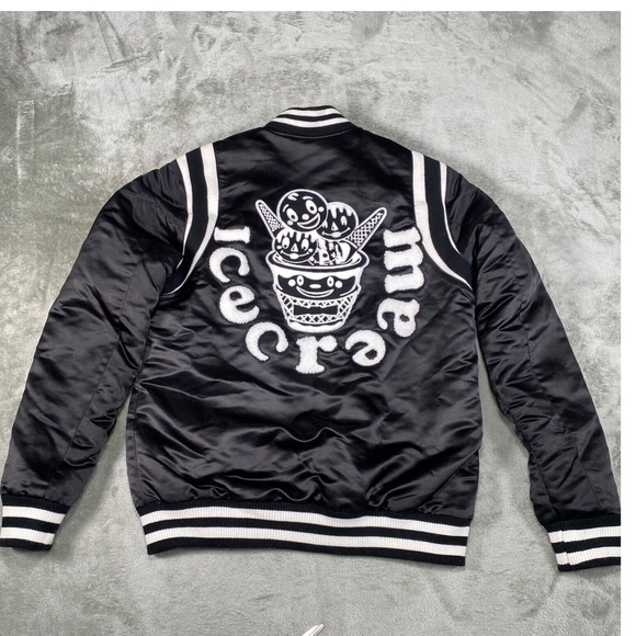 Icecream Bomber Jacket Skull Graphic Striped Trim Black Satin Jacket - Picture 1 of 16
